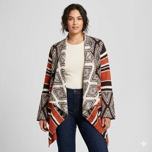 Knox Rose Waterfall Cardigan Sweater Chunky Orange Ivory Aztec Tribal Womens XXL